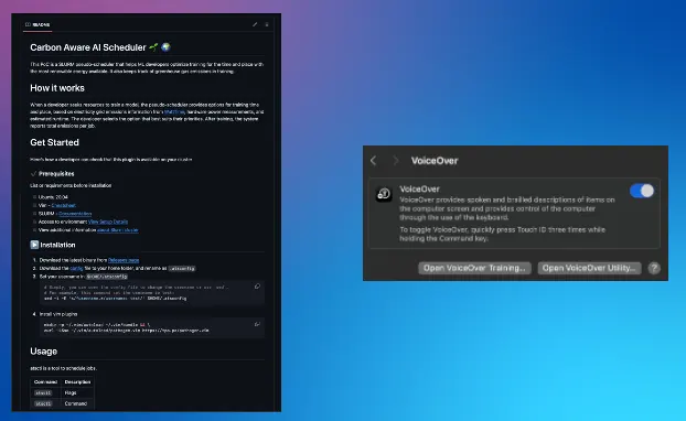 left displays a readme from github, the right shows a shot of the voiceover tool from macOS