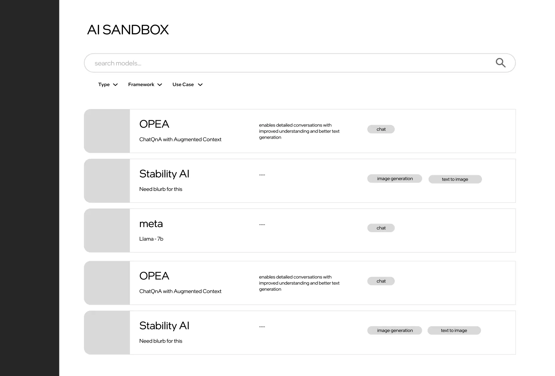 low fidelity mockup showing various models and says AI Sandbox