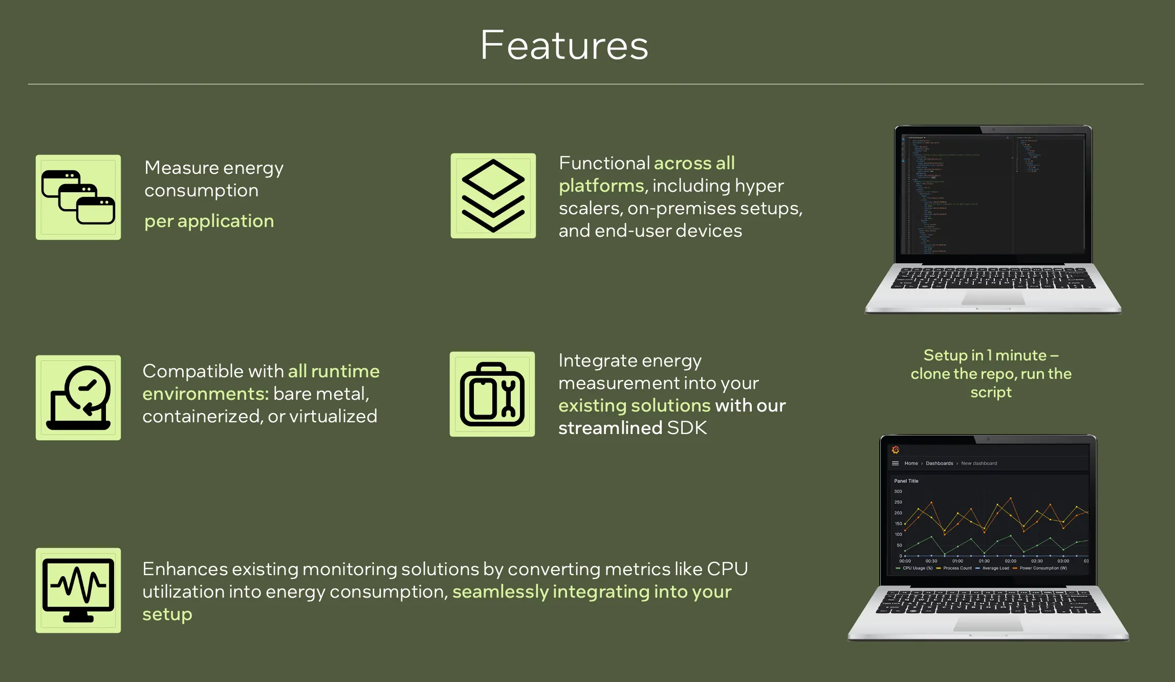 green features of the energy estimator with laptops showing graphs