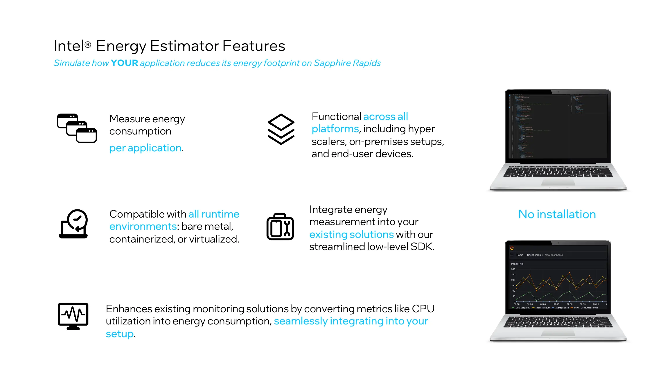 snip of energy estimator features and two laptops with screenshots of graphs