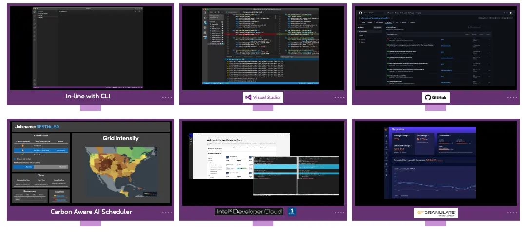 set of six screens displaying various screens of code, designs, metrics