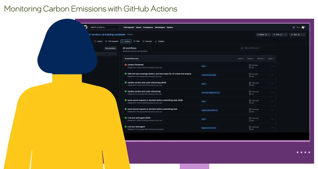 vectorized woman looking at a screen of a github actions page