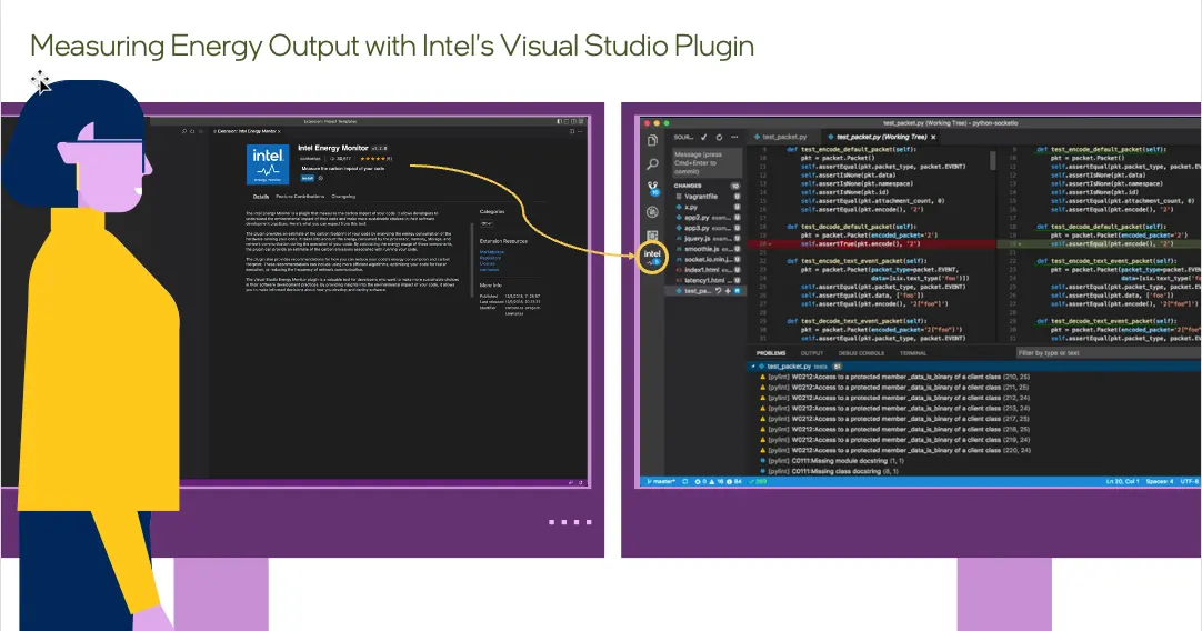 vectorized woman looking at two screens one of a plugin in visual studio and the other showing how the plugin looks activated in visual studio