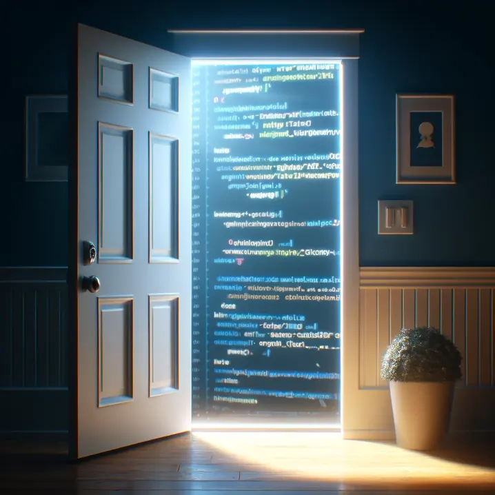 door opening to a page of code backlit